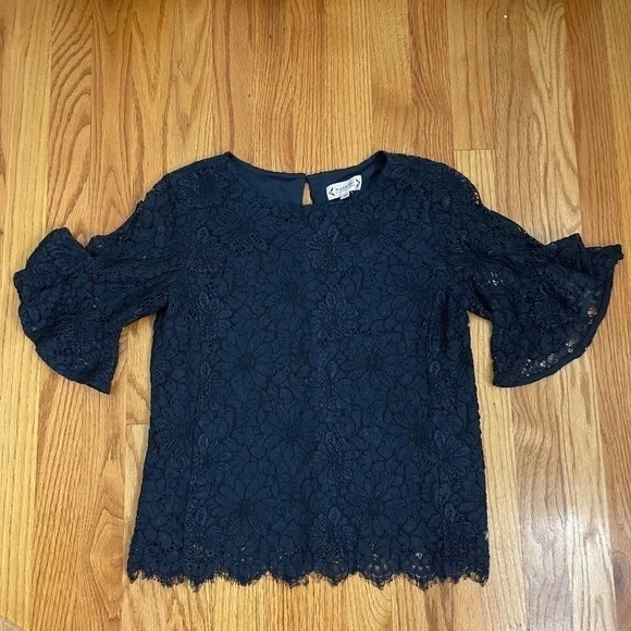 NANETTE LEPORE Lace Top Ruffle Sleeve Blouse Top Shirt Blue Women's Size Small - Picture 12 of 12